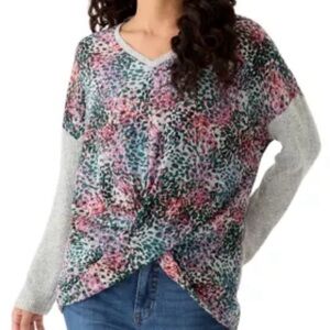 ZAC & RACHEL Printed Heather Luxe Ribbed Mixed Knit Top Women’s 2X Long Sleeves